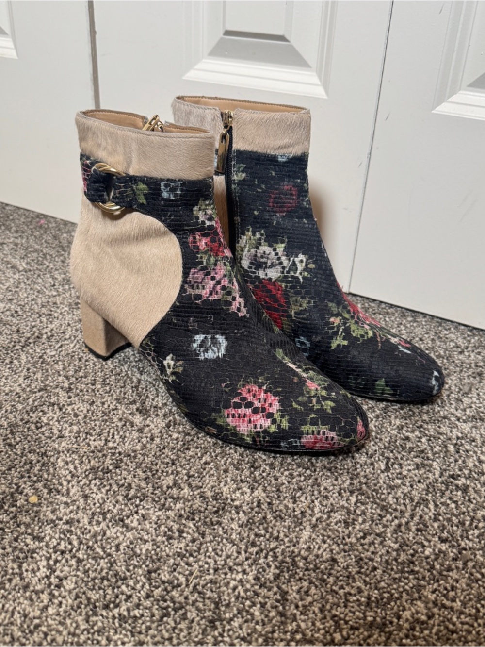 Anthropologie Black Floral & Beige Ankle Booties